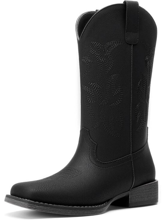 Shoes - Women's Black Faux Leather Square Toe Mid Calf Pull-On Embroidered Cowgirl Boots